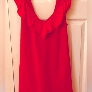 Plastic Island ruffled dropped neckline, sexy A-line bright coral summer dress